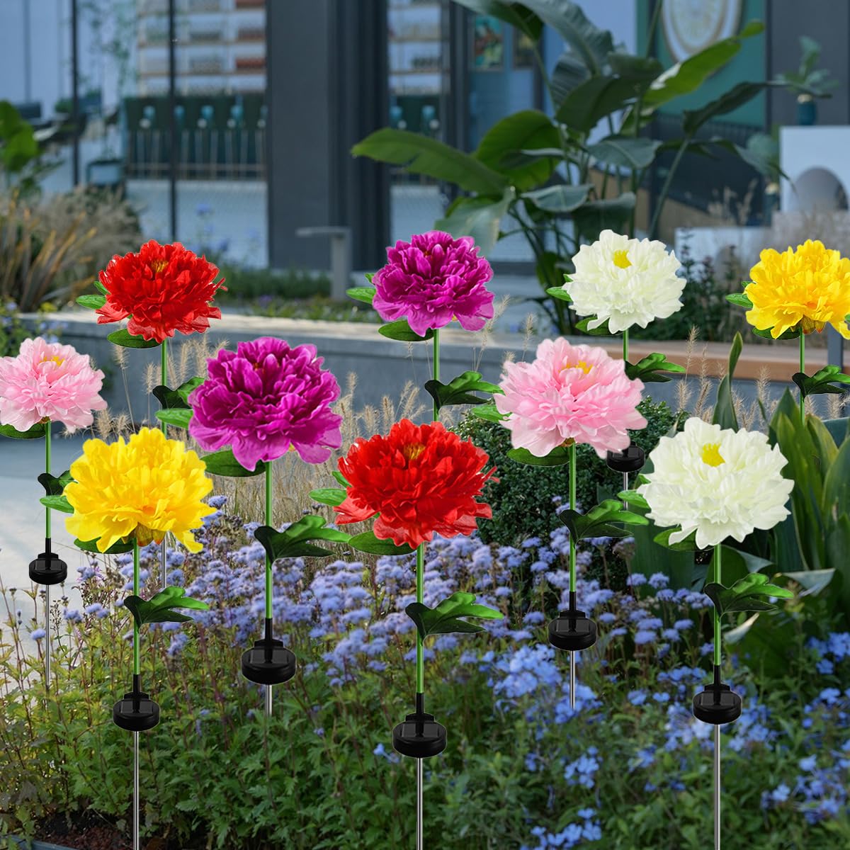 Aolyty Solar Garden Lights With Peony Flowers (2 Pack) - Dusk To Dawn LED Stake Lights, IP65 Waterproof, Rose Purple