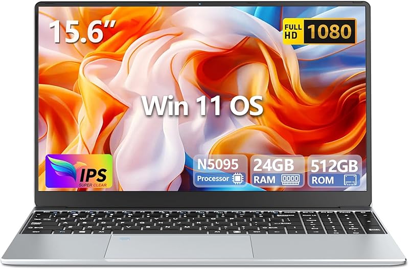 Ordinateur Portable 15,6 Pouces, Win 11 PC Portable 24Go LPDDR4 RAM 512Go SSD, 180°Flip 1080P Écran Laptop, Celeron N5095 CPU, Clavier Rétro-éclairé/Déverrouillage Empreinte, Webcam+BT4.2+USB3.0+WiFi5