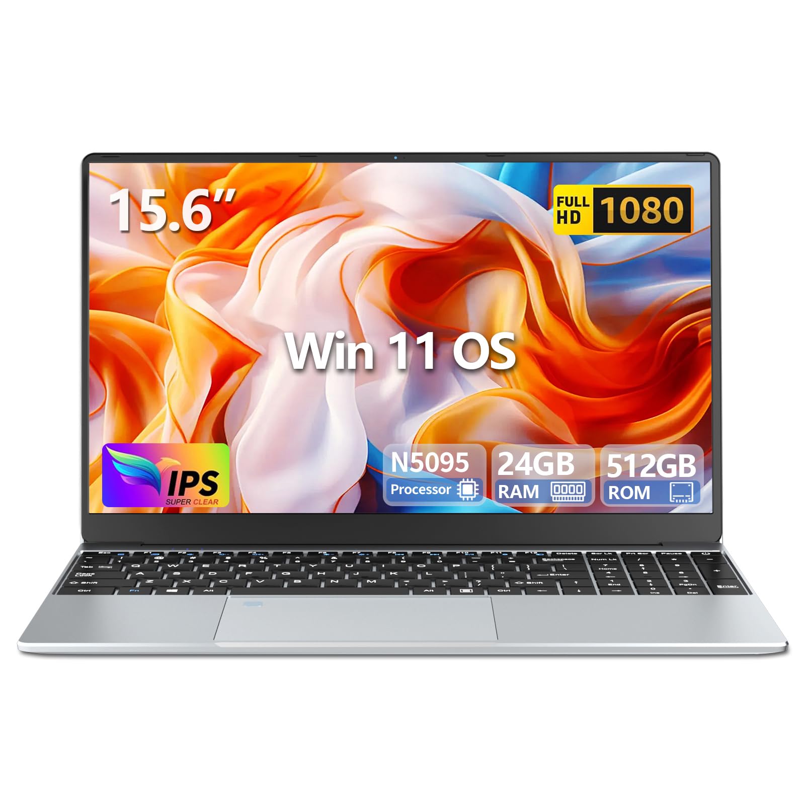 Laptop Win 11, 15.6 Inch Laptop PC 16Go LPDDR4 RAM 512Go SSD, Celeron N5095 CPU, Fingerprint/Backlit Keyboard, 180° Flip IPS Screen, Webcam+BT4.2+USB3.0