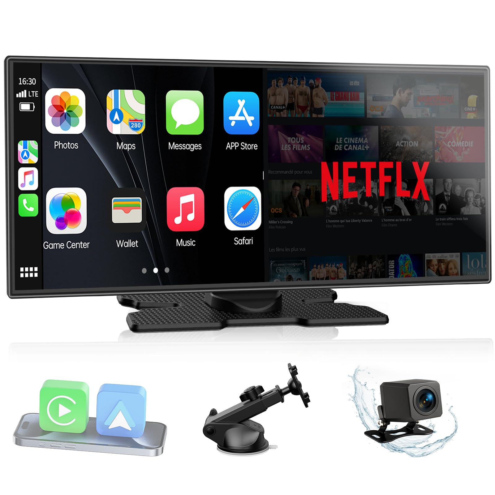 LAMTTO Upgraded 11'' Wireless Carplay Screen with Net-Flix YouTube Apps and Backup Camera Built-in Entertainment Video Box Navigation Voice Assistant