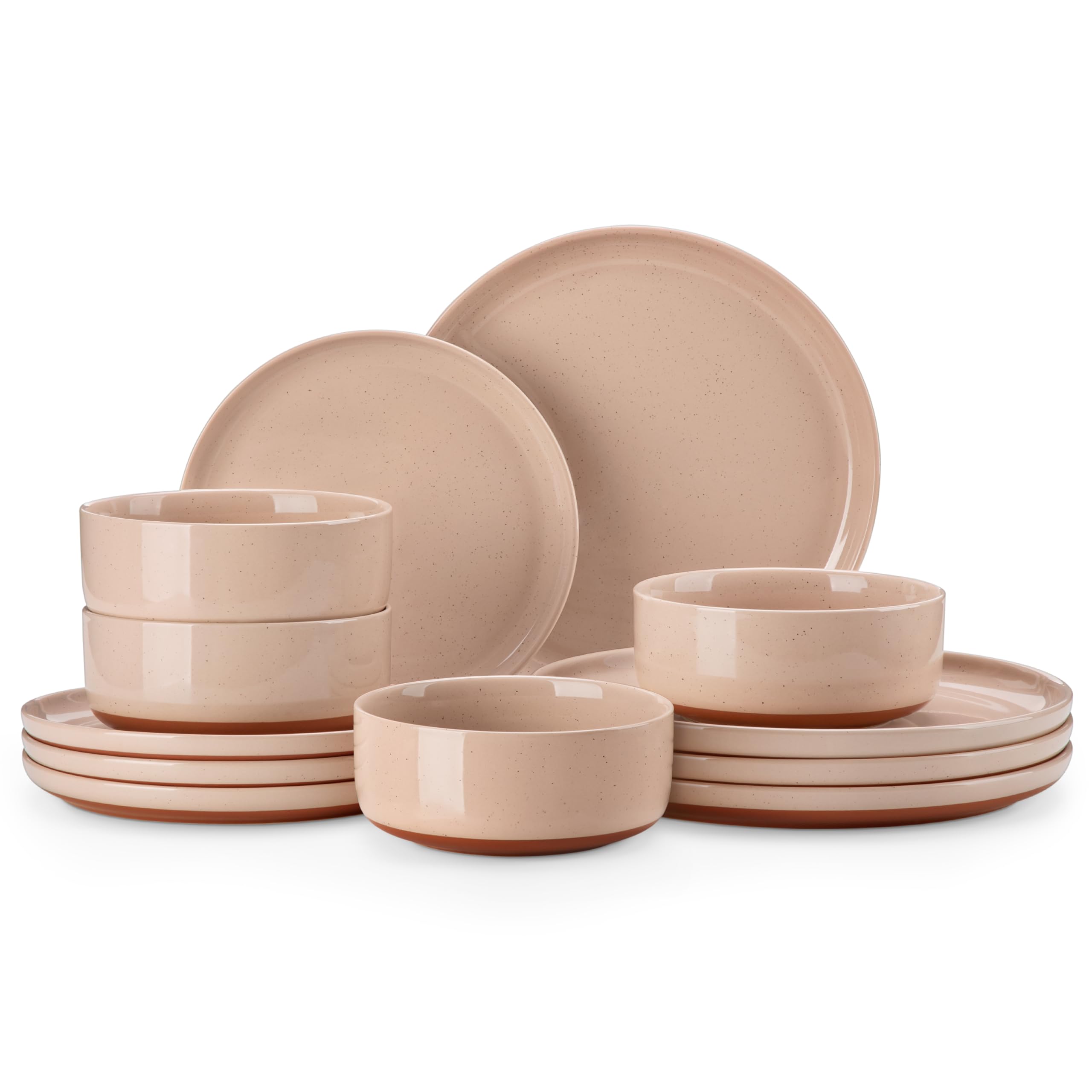 MALACASA Juego de platos y cuencos, juego de vajilla moderna de cerámica de 12 piezas para 4 platos de cocina, juego de vajilla de cerámica, apto para microondas y lavavajillas, rosa, serie TARA