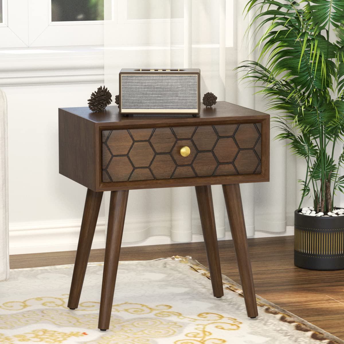 SUNBURY Brown 1-Drawer Honeycomb Texture End Table, 19.8x14x22.3 inches, 20 lbs