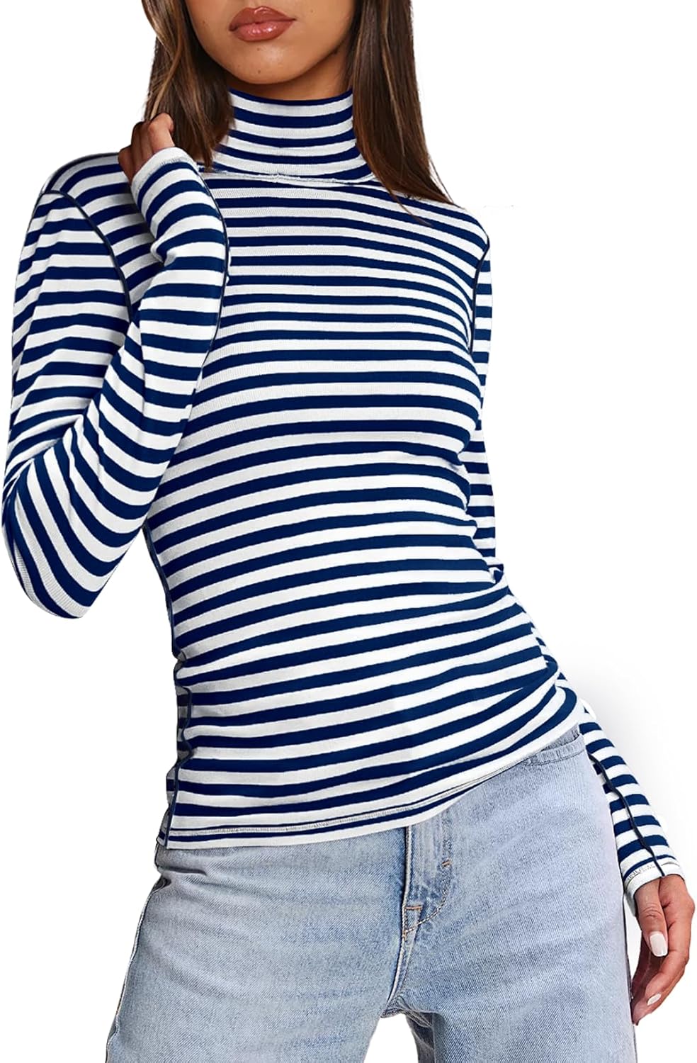 Darong Womens Striped Turtleneck Shirt Long Sleeve Undershirts Ribbed Slim Fit Top Fitted Basic Tees - Image 4