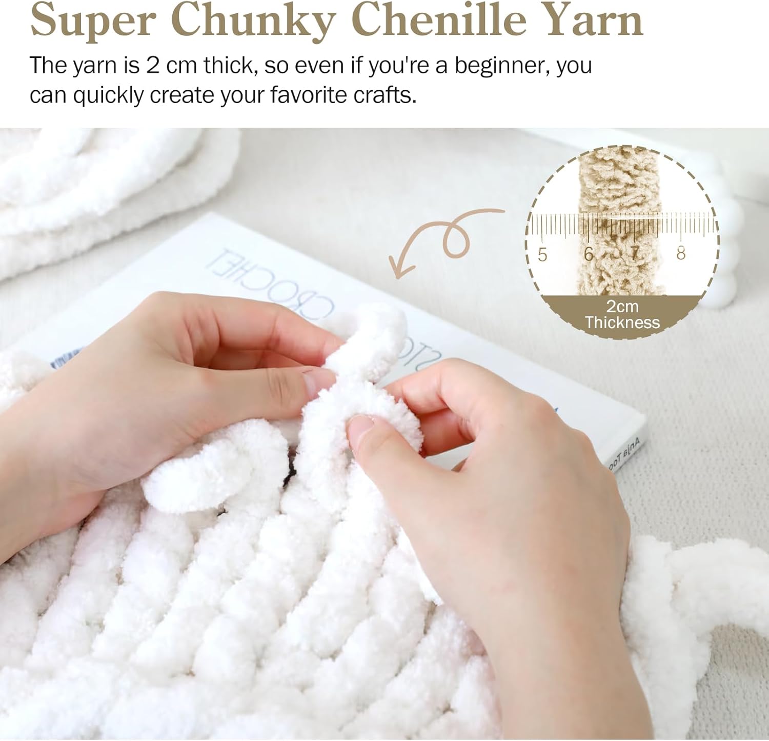 Chunky Chenille Yarn for Crocheting, Chunky Yarn for Hand Knitting Blanket, Bulky Chunky Fluffy Yarn for Crocheting, Pack of 4 (4 Skeins, Each Skein 28 yds, 8oz) Beige