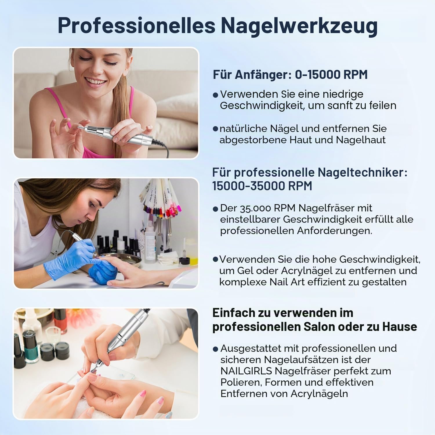 Nagelfeile Elektrisch für gelnägel,NAILGIRLS 11 in 1 Nagel Fräsmaschine,35000 U/Min Nail Drill Nagelfräser Set,Maniküre Pediküreset Elektrisch Nagelfräser für Acrylnägel mit LED-Anzeige und Fußpedal