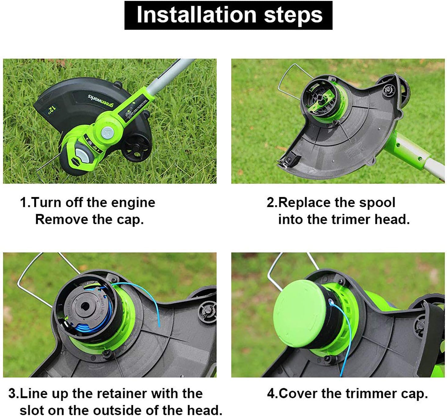 Four-panel image illustrating the steps to install a new trimmer spool and cap