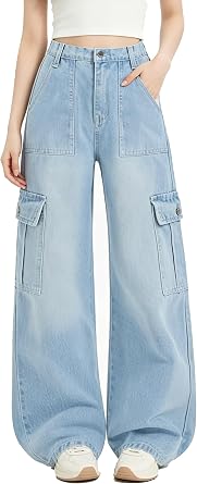 EXARUS Girls Jeans Cargo Denim Teen Hiking Pants Wide Leg Straight Baggy Elastic High Waistband Pockets Kids 8-14 Years