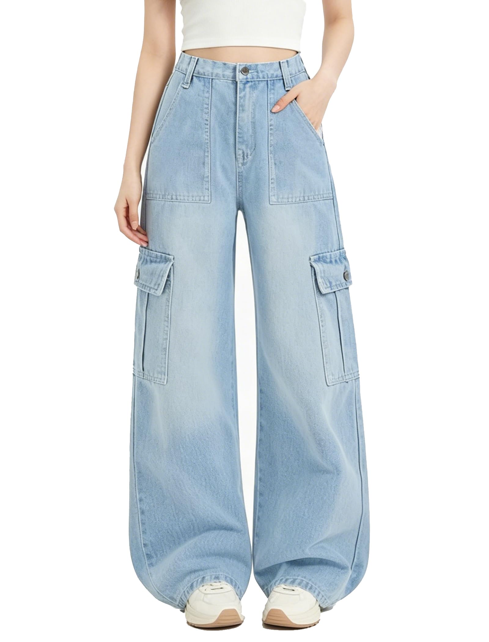 EXARUS Mädchen-Jeans, Cargohose, weites Bein, Denim, gerade, lockere Hose, Tween, hoher elastischer Bund mit Taschen, Jugendliche, 8–14 Jahre