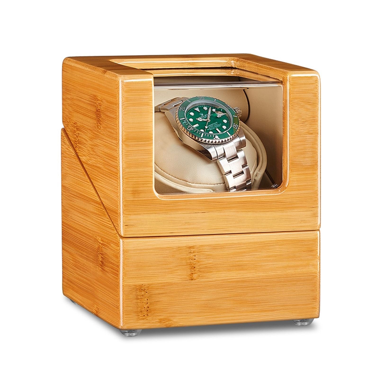 MYUYEE Bamboo Wood Watch Winder For 1/2/3 Automatic Watches With Quiet Japanese Motor Flexible Watch Pillows Watches Display Box Fit Lady And Man Watches (1+0)
