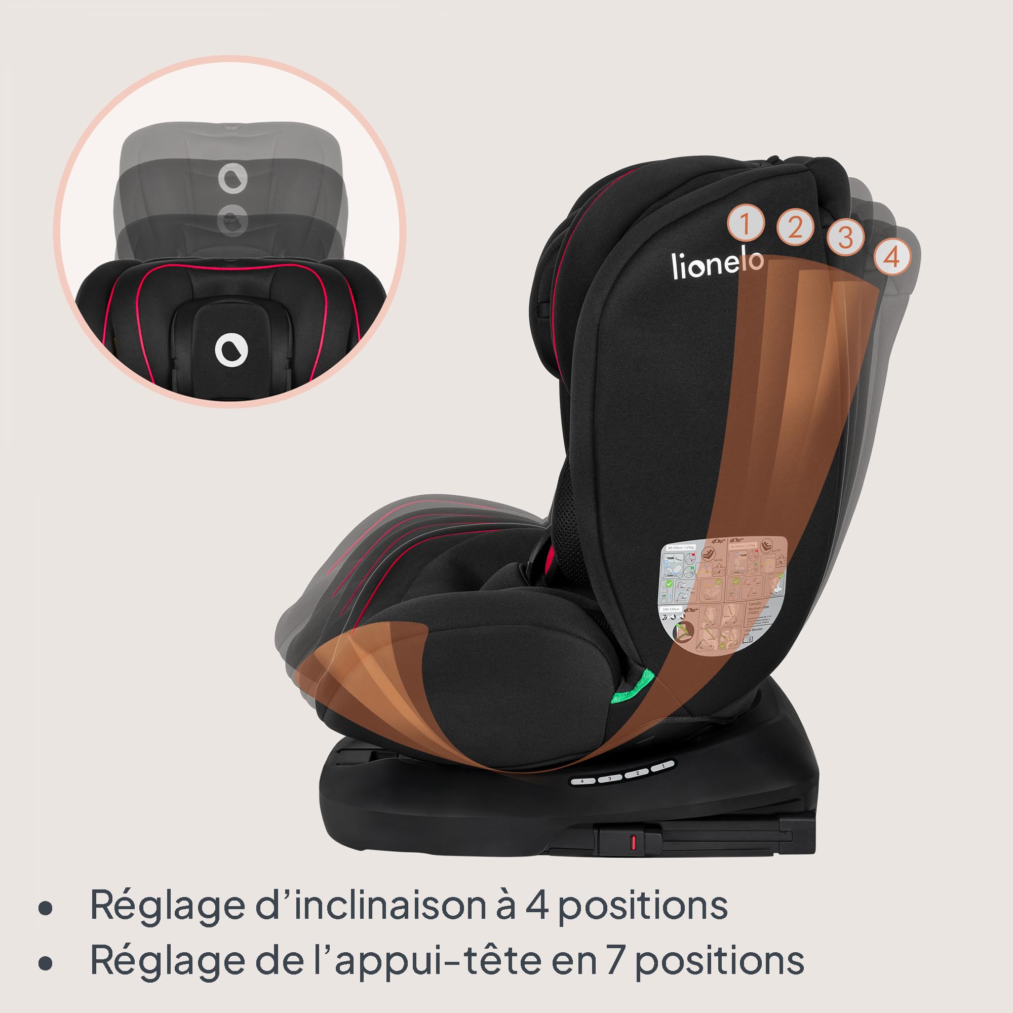Lionelo BASTIAAN I-SIZE Siège Auto Pivotant à 360° ISOFIX De 0 à 36 kg | (40-150 cm) Groupe 0/1/2/3 (0-12 Ans) Installation Face et Dos à la Route, Sangle TopTether, Têtière Ajustable, Rotation 362