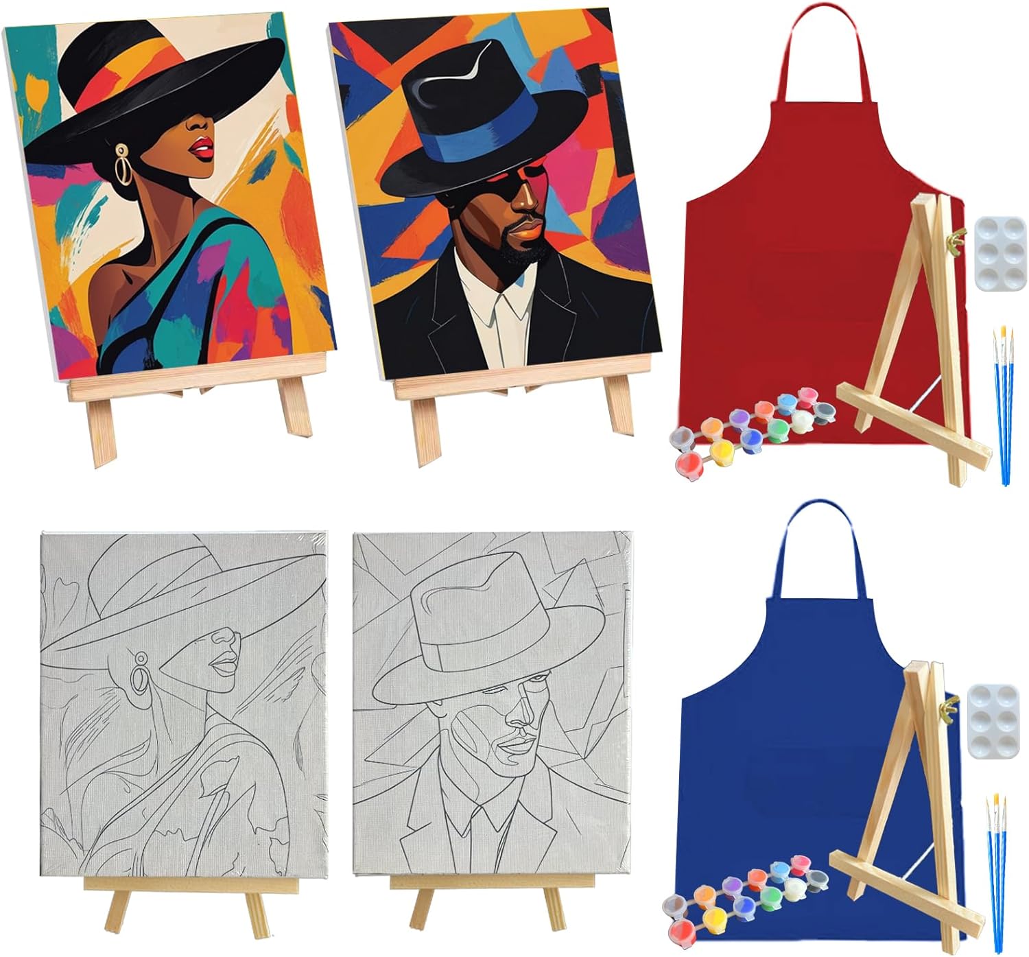 2 Pcs Sip and Paint Kit for Adults Valentine – Date Night Painting Set with Pre-Drawn Canvases, Paints, Brushes, and Easels – (Chic Couple)