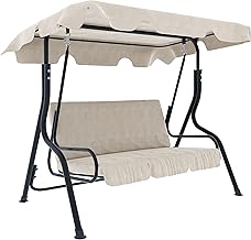 3 Seater Swing Seat with Padded Cushions Adjustable Sun Canopy Painted Steel Structure for Outdoor Garden Balcony Terrace 170 x 110 x 153 cm Beige and Brown