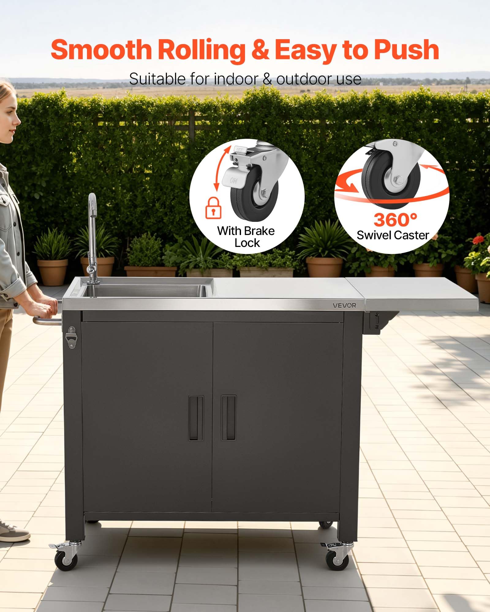 VEVOR Mesa de Barbacoa 132 x 46 x 90,9 cm Tablero de Acero Inoxidable, Carrito de Cocina con Fregadero, con Ruedas, con Armario de Almacenamiento, con Toallero, para Jardín, Bar, Zona de Barbacoa