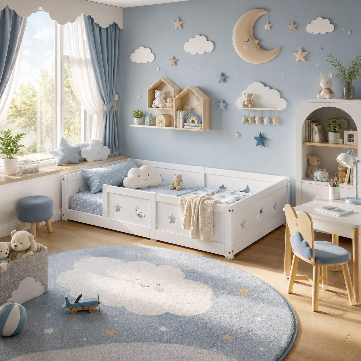 BestAlice Cama de suelo Montessori de 90 x 200 cm, cama infantil con protección anticaída y somier, cama individual, marco de madera de pino maciza, sin colchón, color blanco