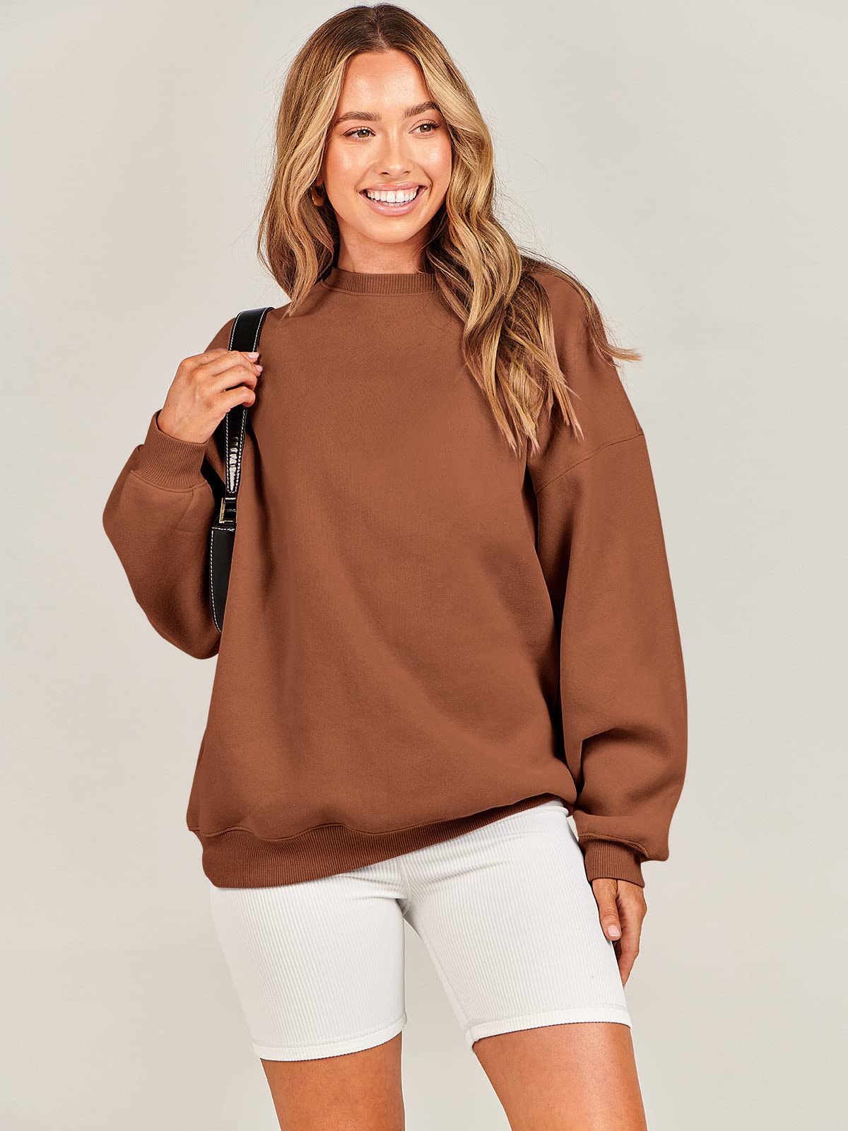 Damskie bluzy oversize bluzy z kapturem polar okrągły dekolt sweter top codzienne jesienne stroje preppy ubrania nastolatki 2024 A1019 światło, Jeden kolor, Caramel_S