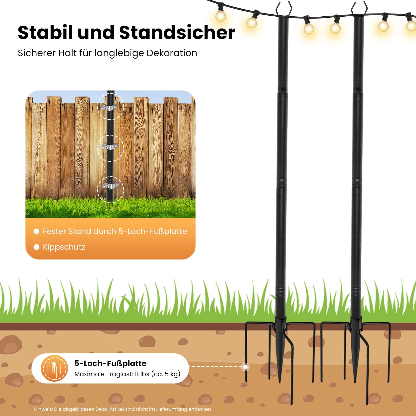 4 Stück Lichterkettenstangen Außenbereich, 300cm Verstellbar Garten Schäferhaken mit 5 Gabel, U-förmige String Light Poles Hirtenhaken Gartenstab Gartenstecker für Lichterkette Laternen Hochzeiten