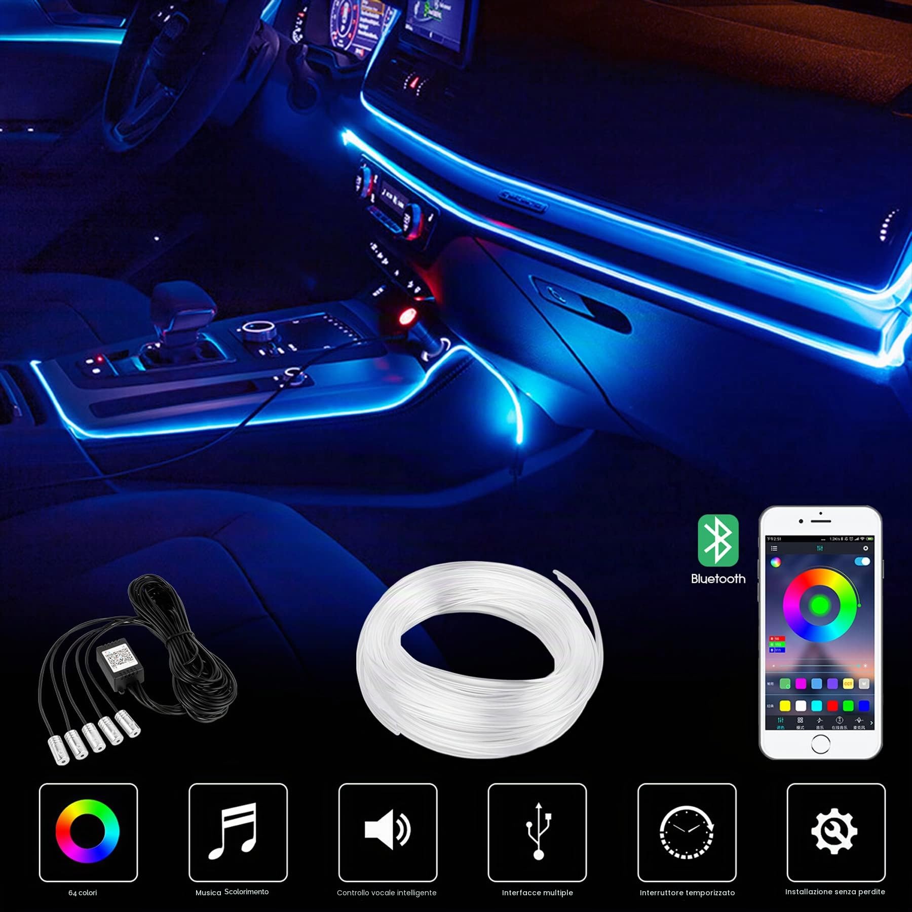 Striscia LED RGB per interni auto, 6 meter, per auto, con app