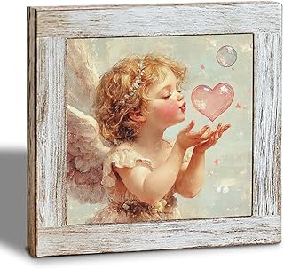 Angel Valentine's Day Wooden Desk Decor Sign, Romantic Cherub Love Bubble Cute Tabletop Plaque, Vintage Cupid Gift for Couple, Valentine Home Decoration 5.9x5.9 Inches