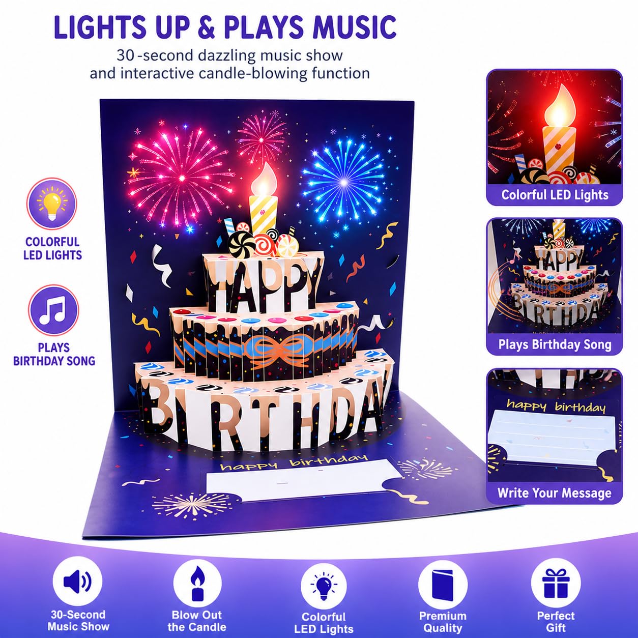 Tarjetas de cumpleaños con diseño de fuegos artificiales, luces, música y sonido de fuegos artificiales en 3D, tarjetas de cumpleaños emergentes con sobre y etiqueta para notas, luz y música soplables