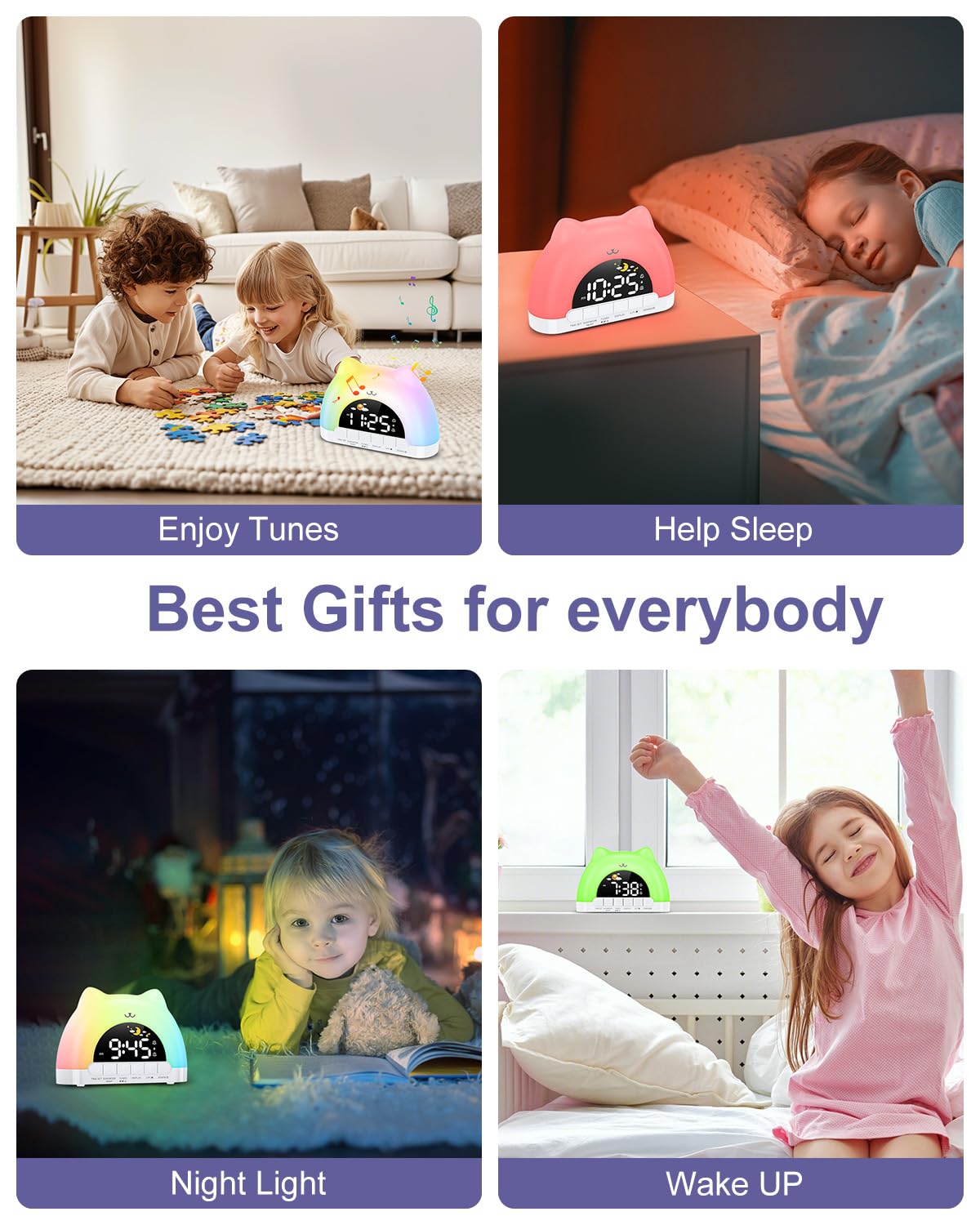 OQIMAX Kids Alarm Clock showing dual alarm and snooze function