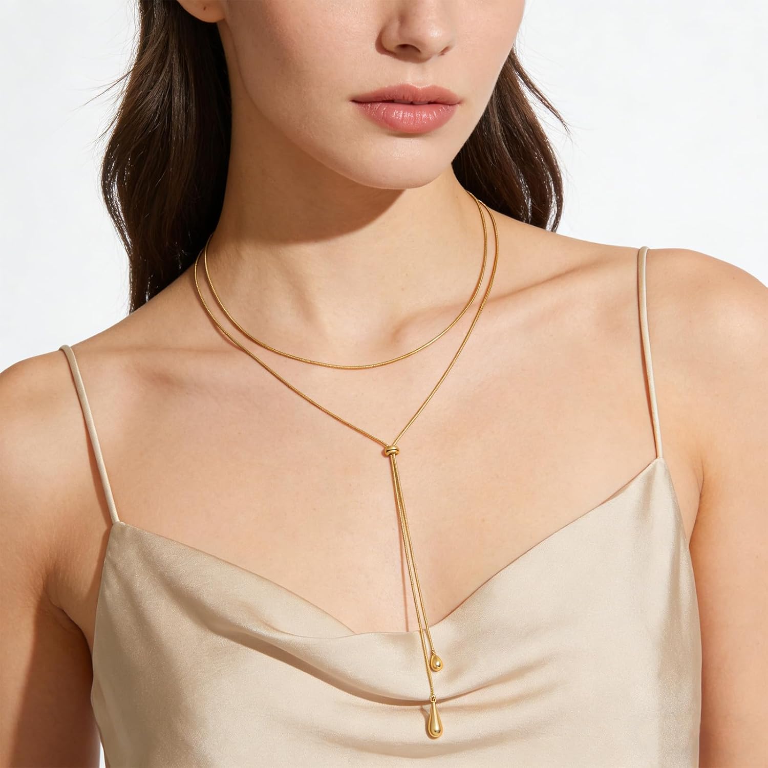 Lariat Necklace for Women Dainty Long Necklaces 14K Gold Plated Knot Drop Y Chain Simple Adjustable Trendy Jewelry Gifts - Image 2