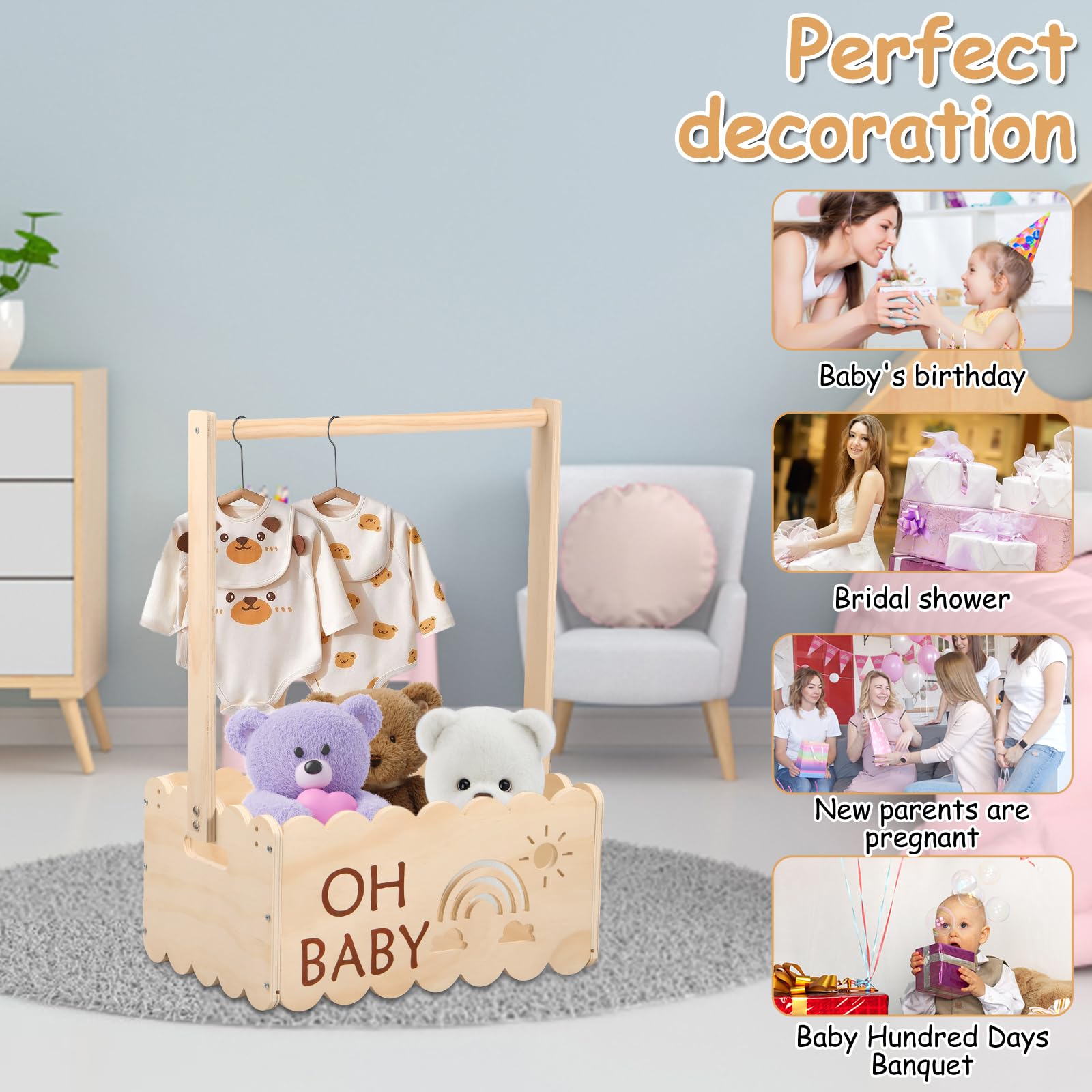 Houten babygeschenkmand, 34 x 22,8 x 17,5 cm, houten babyborrelkast met