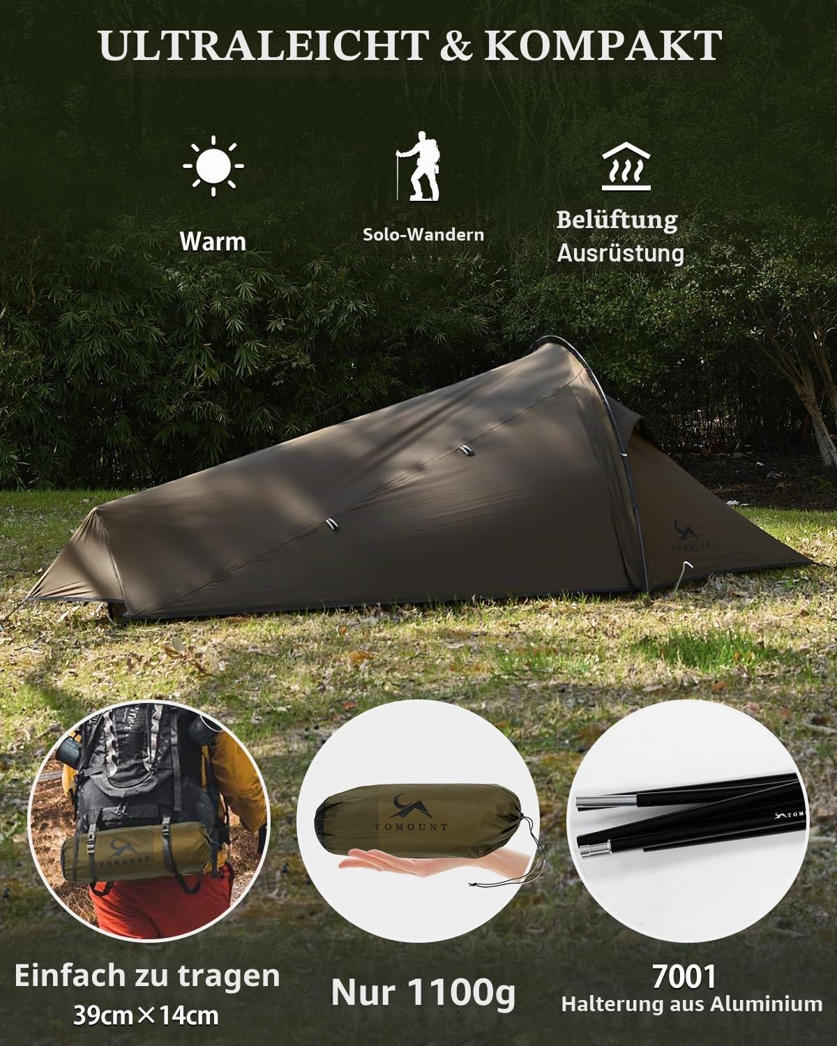 TOMOUNT Bivvy Zelt Nylon Ultraleicht 1 Person Wasserdicht Bivvy Bag Kleines Packmaß Trekkingzelt für Trekking, Camping, Outdoor, Klettern mit Rucksack