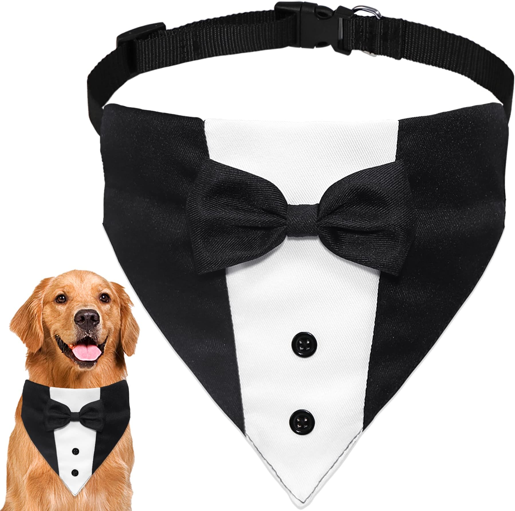 Goyoswa Dog Tuxedo Dog Suit & Collar, Formal Tux Costume with Adjustable Bow Tie for Dogs: Large (Neck 15'-25')