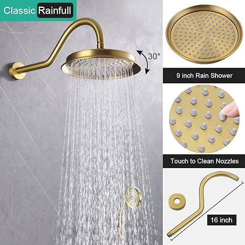 Miniatura 3 de Homekicen Sistema de ducha antiguo de oro cepillado con boquilla de bañera grifos de lluvia de 9 pulgadas en la pared, cabezal de lluvia y rociador