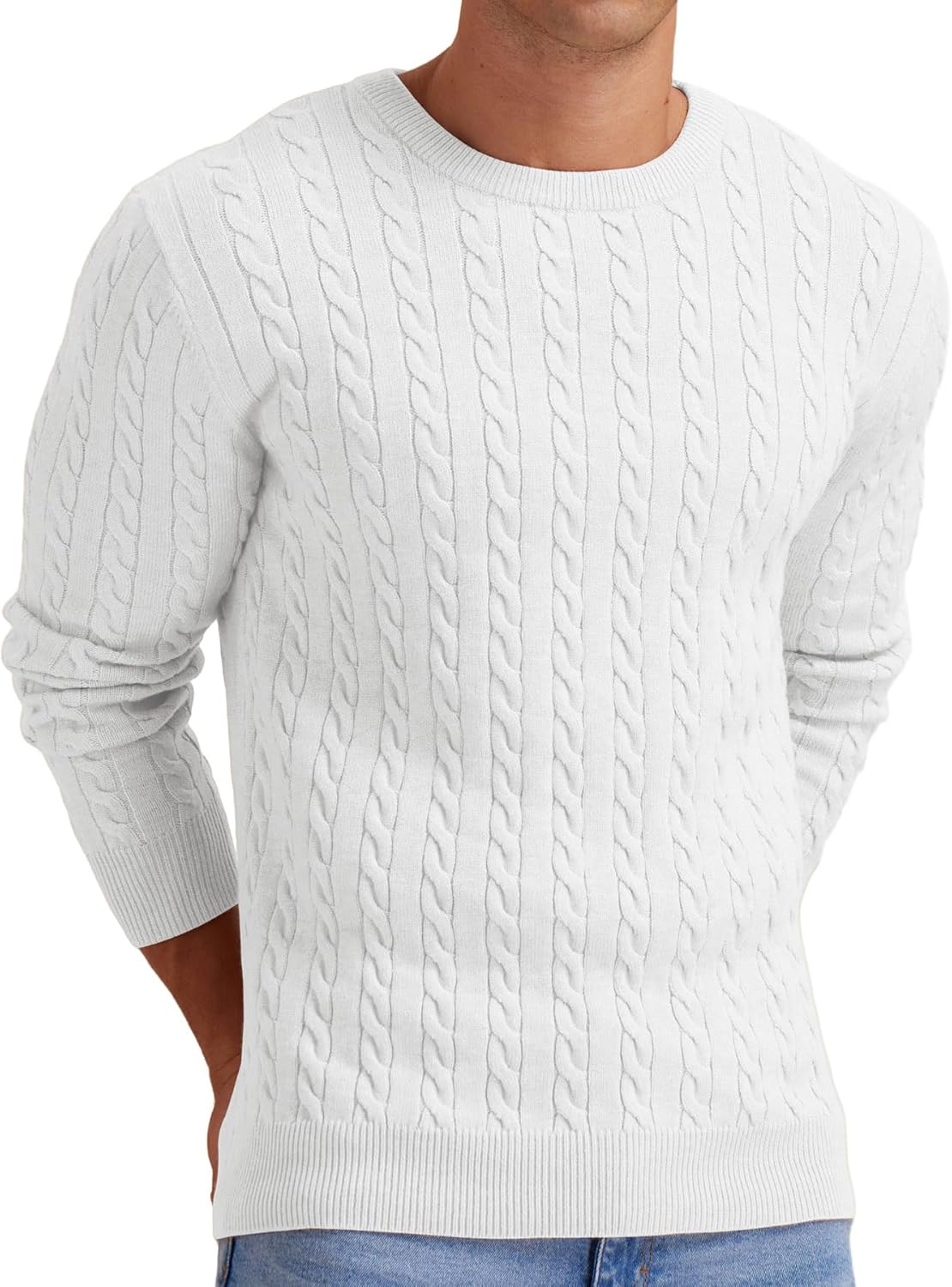 Askdeer Men's Crewneck Sweater Classic Cable Sweaters Soft Casual Knitted Pullover Sweaters White