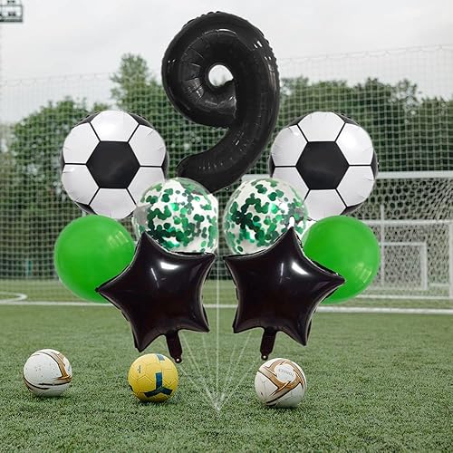 Miniatura 3 de QWEQWE Juego de globos de estrella de fútbol, 9 globos de aluminio negros con confeti para fiesta de 9º cumpleaños de niños