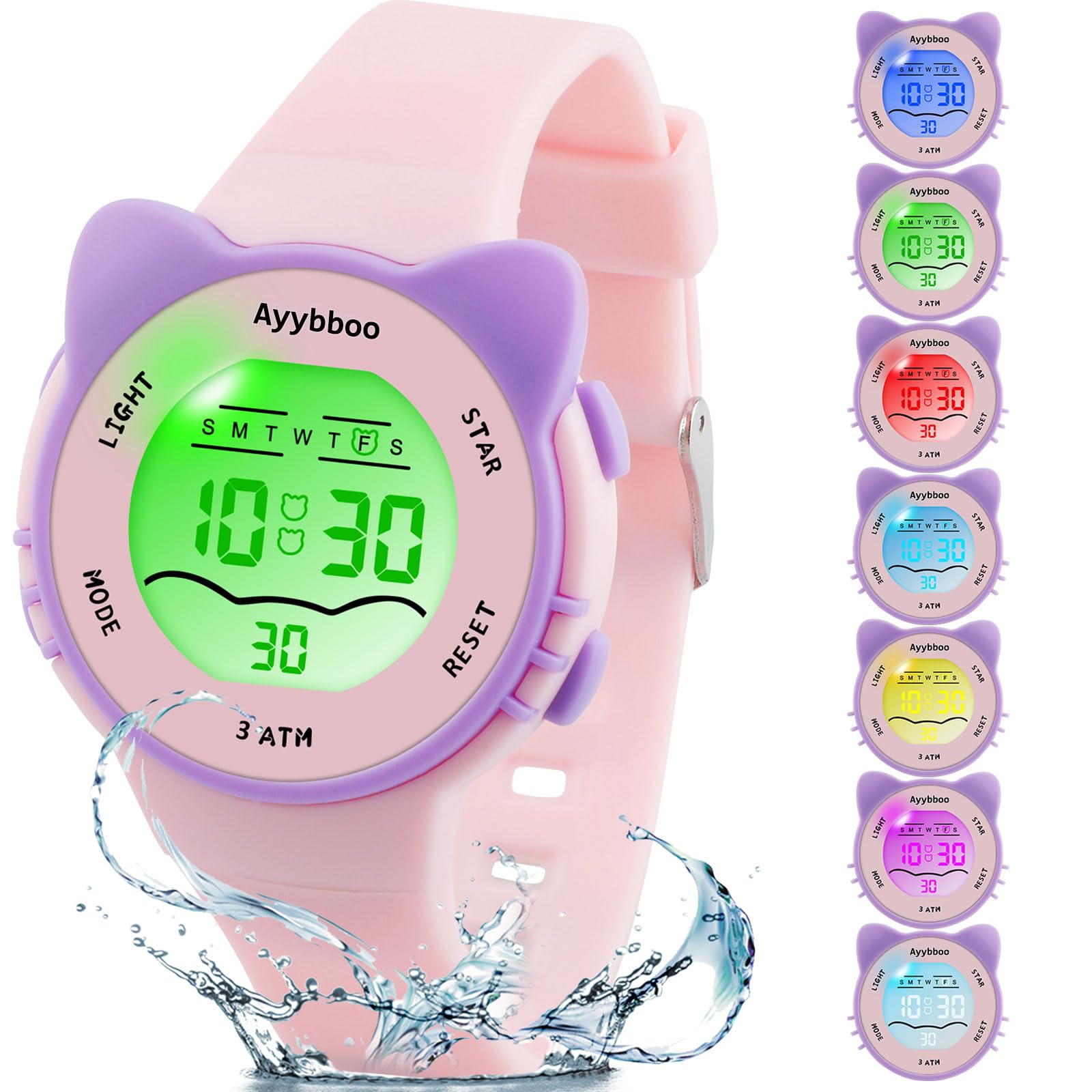 Ayybboo Relojes para Niños,Reloj Infantil con 7 Luces de Colores,Reloj Digital para Niños con Motivo de Gato,Resistente al Agua 3ATM Correa Suave Relojes para Niños y Niñas de 4 a 12 Años