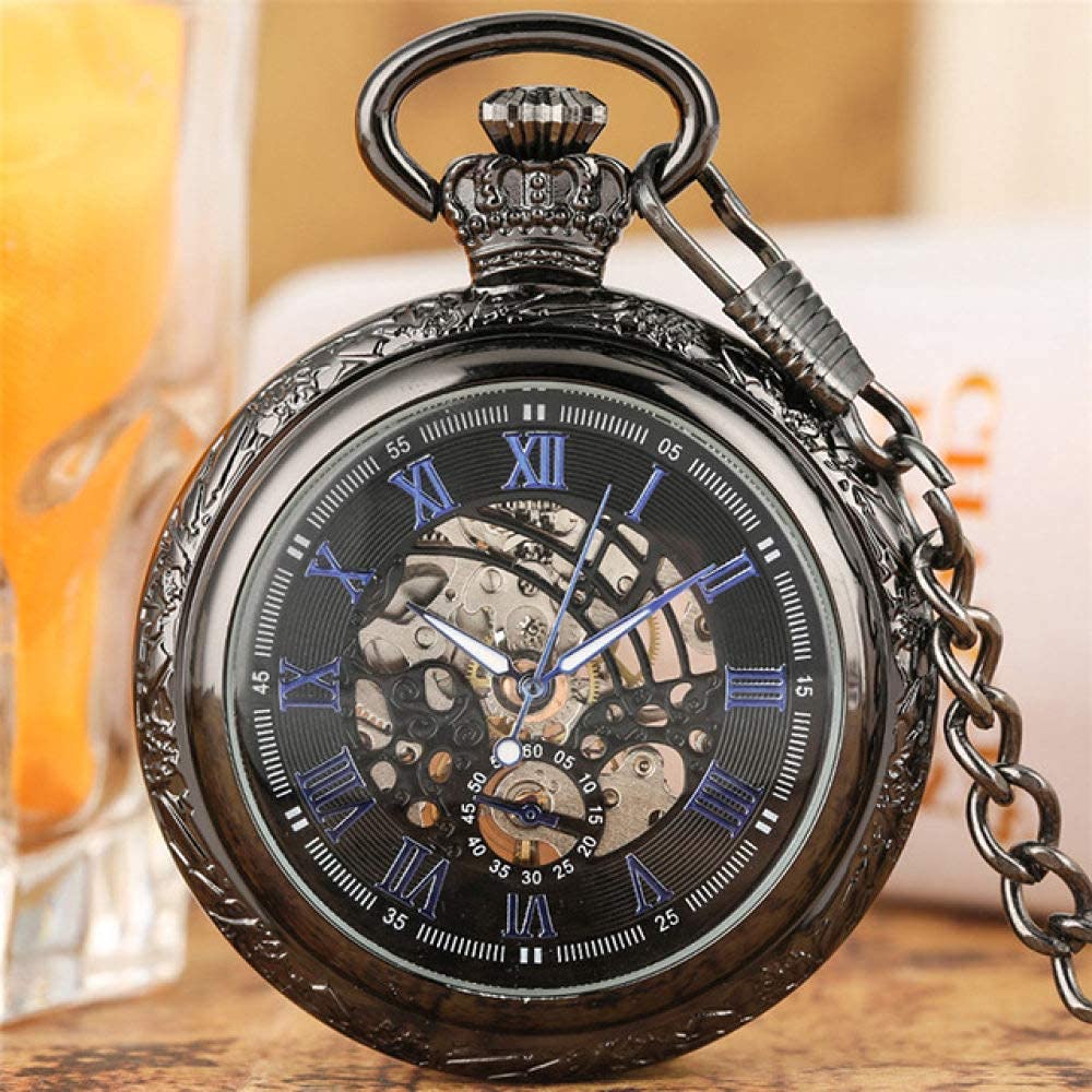 Montre de poche sculptée classique montres-bracelets Fob Watchk, montre mécanique rétro à remontage manuel chiffres romains affichage squelette Steampunk Fob pendentif horloge montres Vintage noir