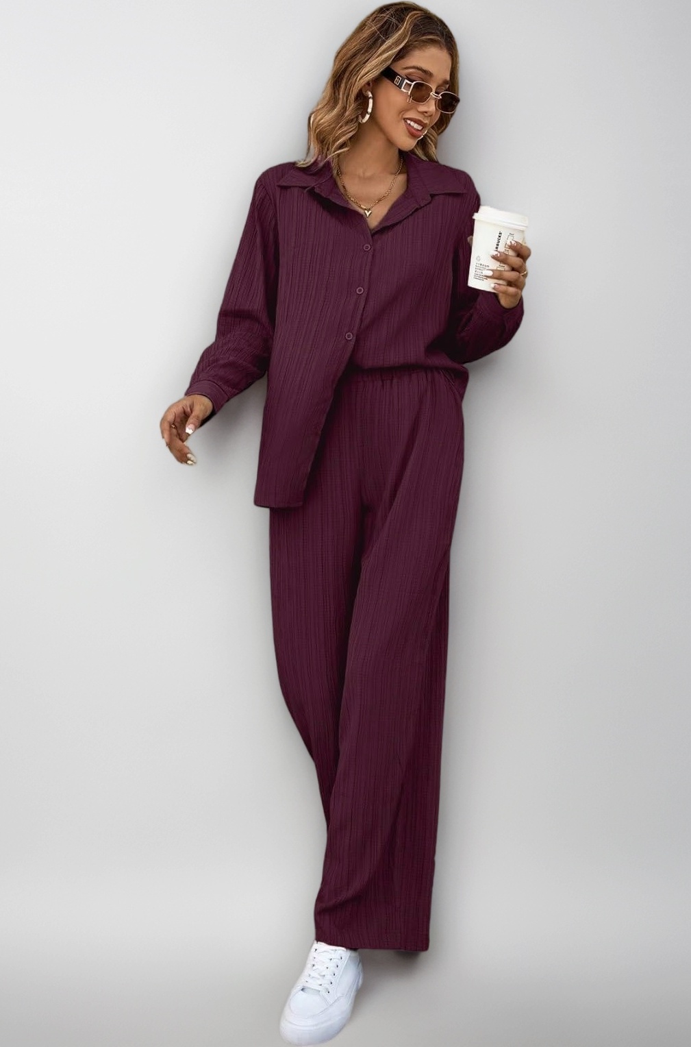 Stylish Co-ord Set for Women – Trendy Korean Summer Travel Outfit | Lightweight Two Piece Dress for Beach & Holiday Look | Casual Style | Textured | Full Sleeve