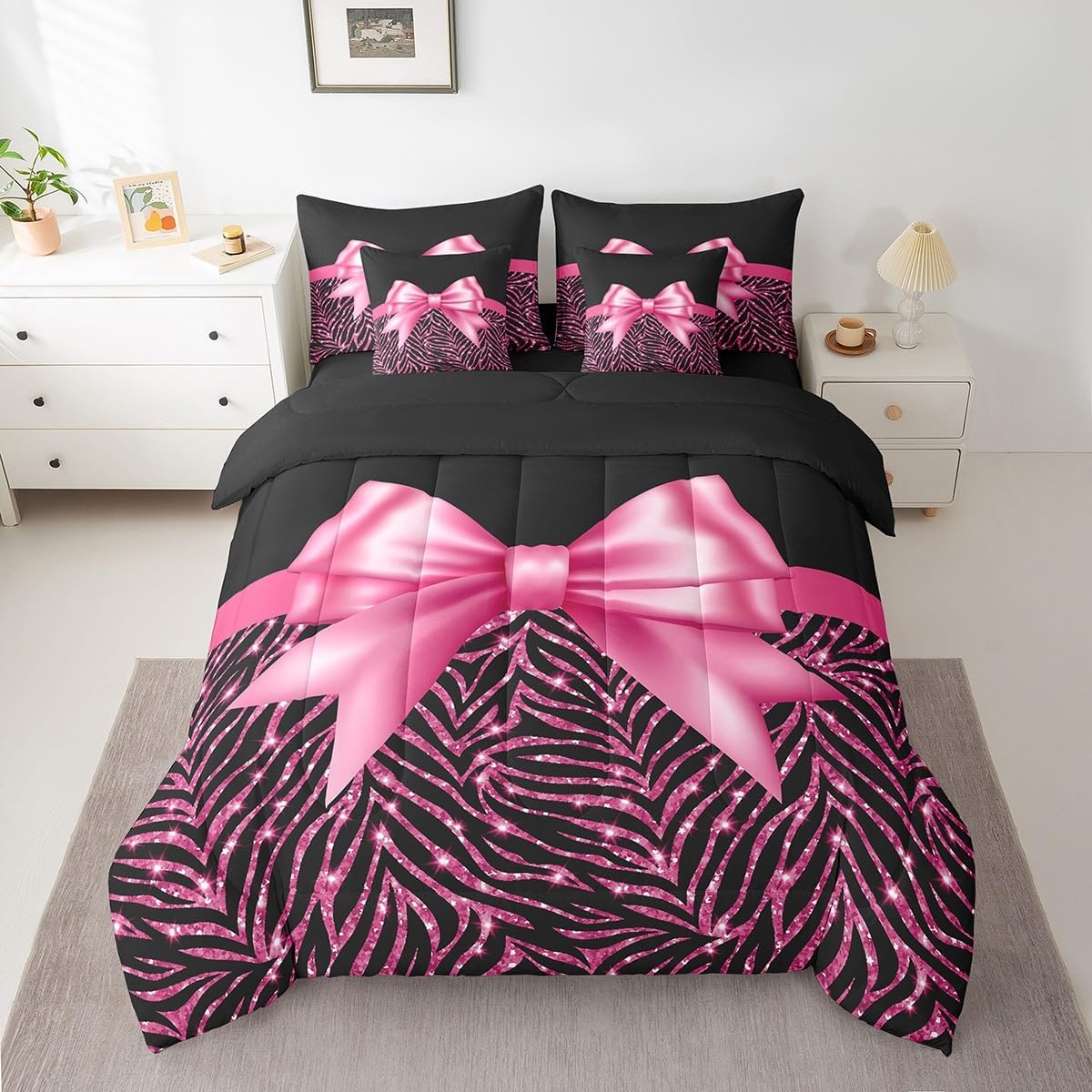 Feelyou Pink Bowknot 7 Piece Bedding Set Queen Size Glitter Print Comforter Set with Sheets for Kids Girls Adult Cute Bowknot Bed in a Bag Black Silver Bed Set