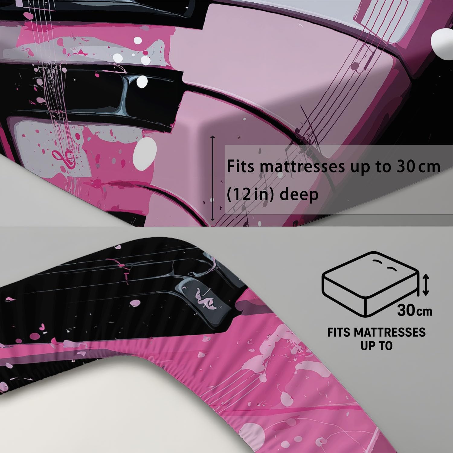 Foglio 180 x 200 x 30 cm, Rosa Foglio - Anime Tasti Di Pianoforte Spartiti Musicali Punto Design tascabile profondo 30 cm - Morbido, Senza Pieghe e Traspirante - Lenzuolo Con Angoli Elasticizzato