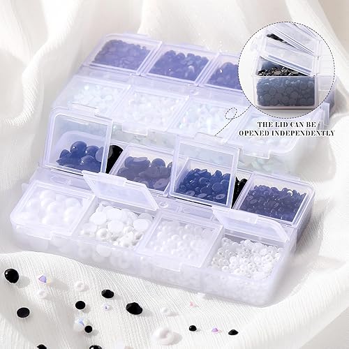 Miniatura 5 de Juego de 4298 diamantes de imitación de perlas blancas y negras para manualidades, tamaño mixto de 0.116 a 0.315 pulgadas, color AB, medias perlas,