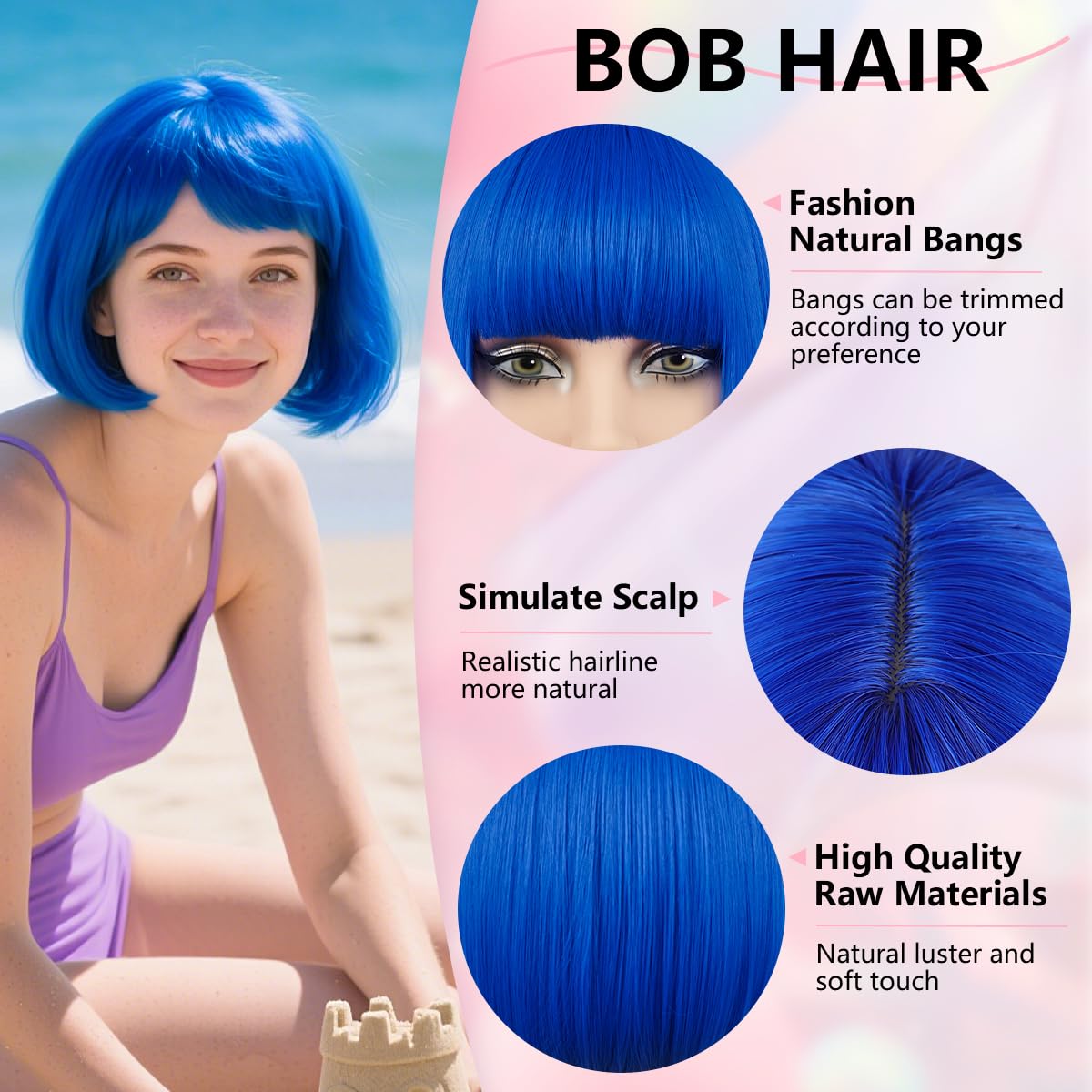 Blue Short Bob Wig 12" Coloured Bob Wig with Bangs Heat Resistant Synthetic Fiber Straight Blonde Hair for Women Cosplay Party Christmas Halloween Daily Use (Royal Blue) - Image 3