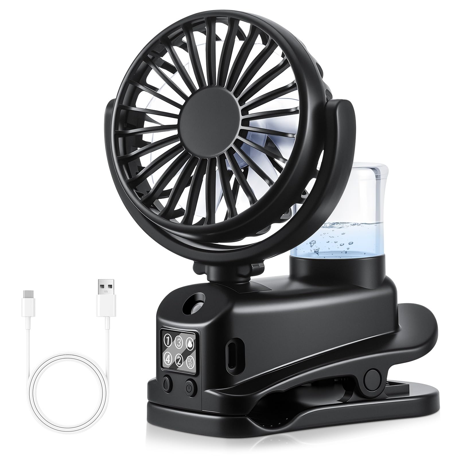 JIZZU Clip on Fan with Water Spray, USB Rechargeable Mini Desk Fan, 4 Speed — image 1