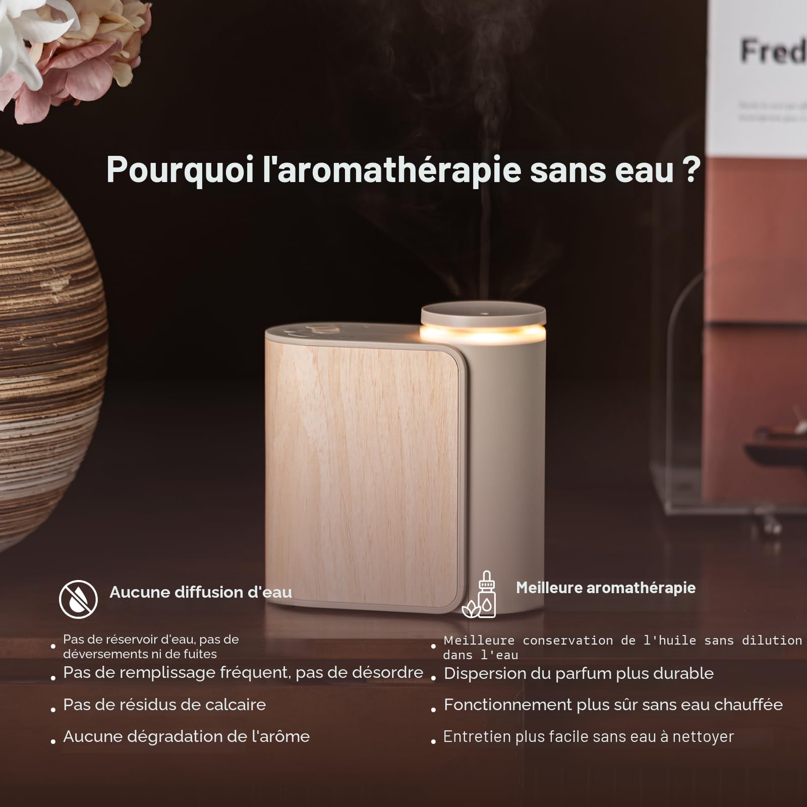 Diffuseur d'huiles essentielles sans eau avec couvercle en bois massif, 3 minuteries, 2 modes de brume, double diffuseur d'arômes liquides silencieux, diffuseur de parfum portable sans eau