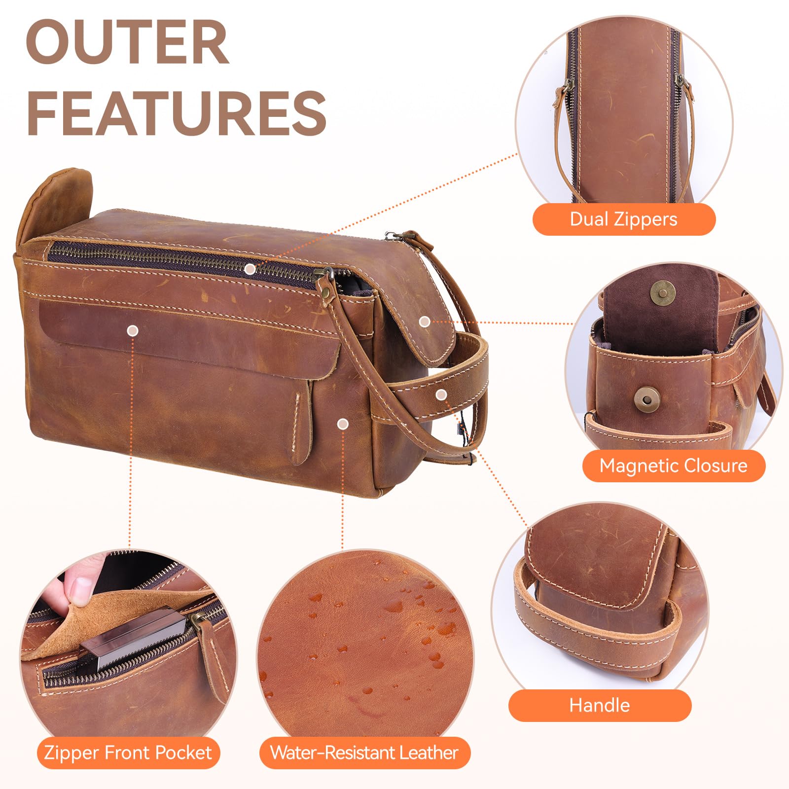 Neceser de viaje de cuero de alta calidad, kit de viaje unisex resistente al agua, organizador de afeitado y cosméticos para hombres y mujeres, artículos esenciales de baño compactos,