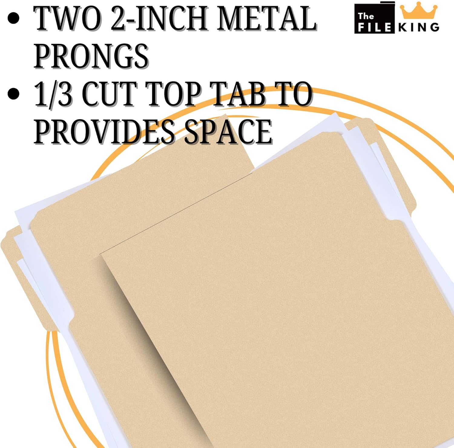 The File King Manila File Folder with Two 2" Fastener Prongs - Letter Size | Box of 50 | 1/3 Cut Top Tab | Positions 1 & 3 | Organize Papers for Easy Storage | American Made
