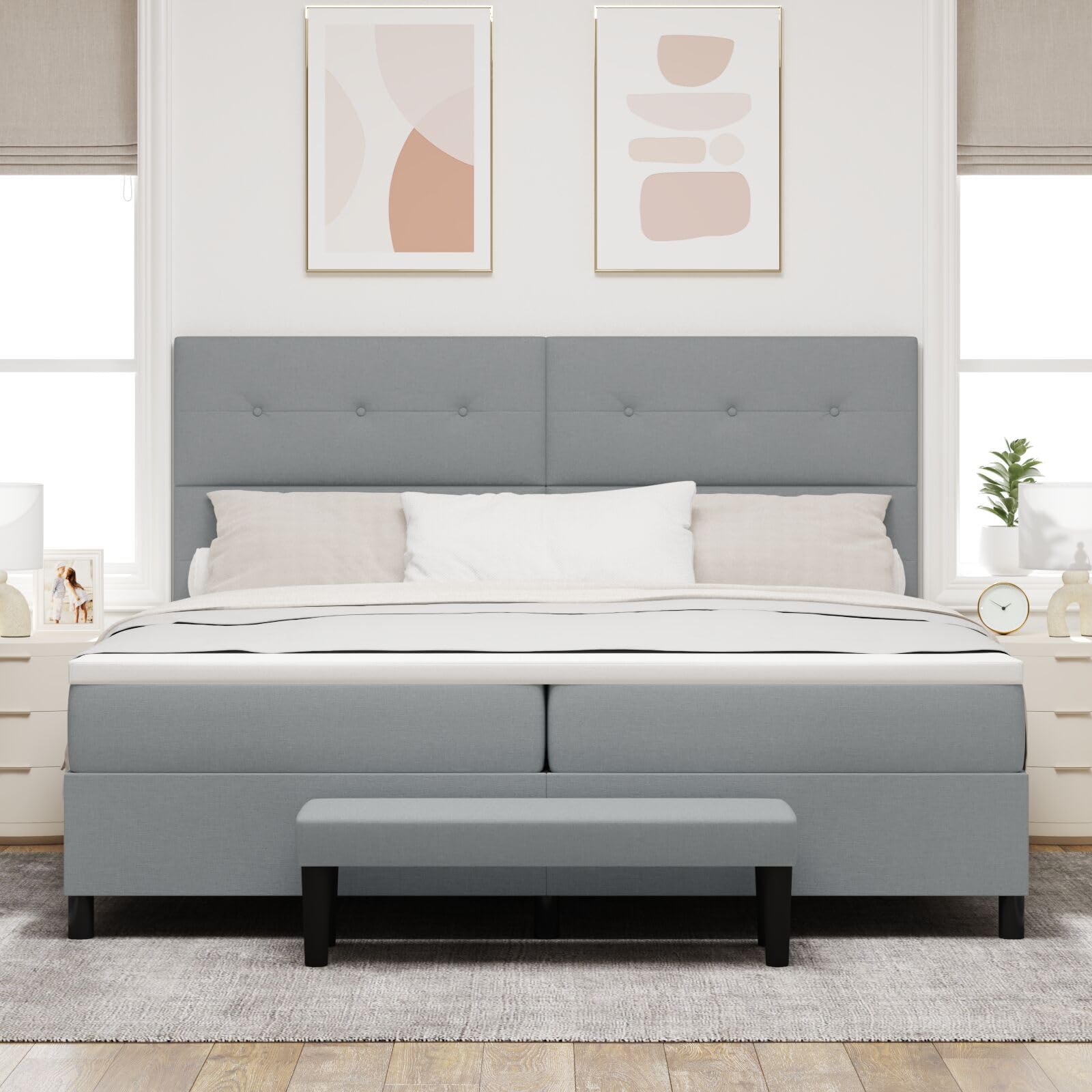 Letto Boxspring con Materasso e Panchina Grigio Chiaro Letto Multifunzione Struttura letto per camere da letto Adatto per hotel e studi 200x200 cm Tessuto