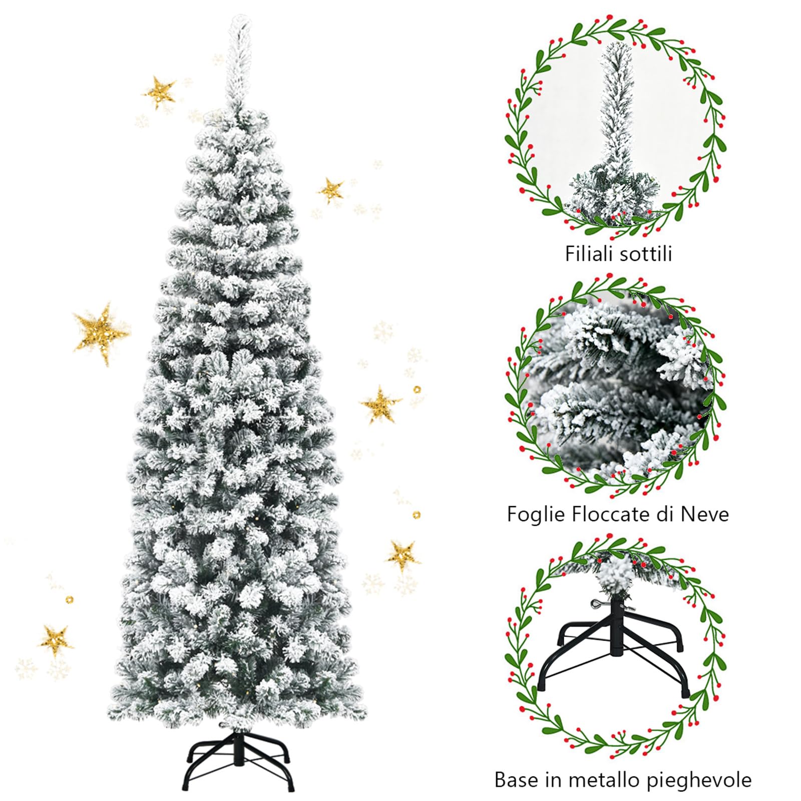 COSTWAY Albero di Natale Innevato 140/180/225 cm, Albero di Natale Artificiale Slim con 242/500/641 Rami Realistici e Folti e Base Pieghevole di Metallo, Apertura a Ombrello (180 cm)