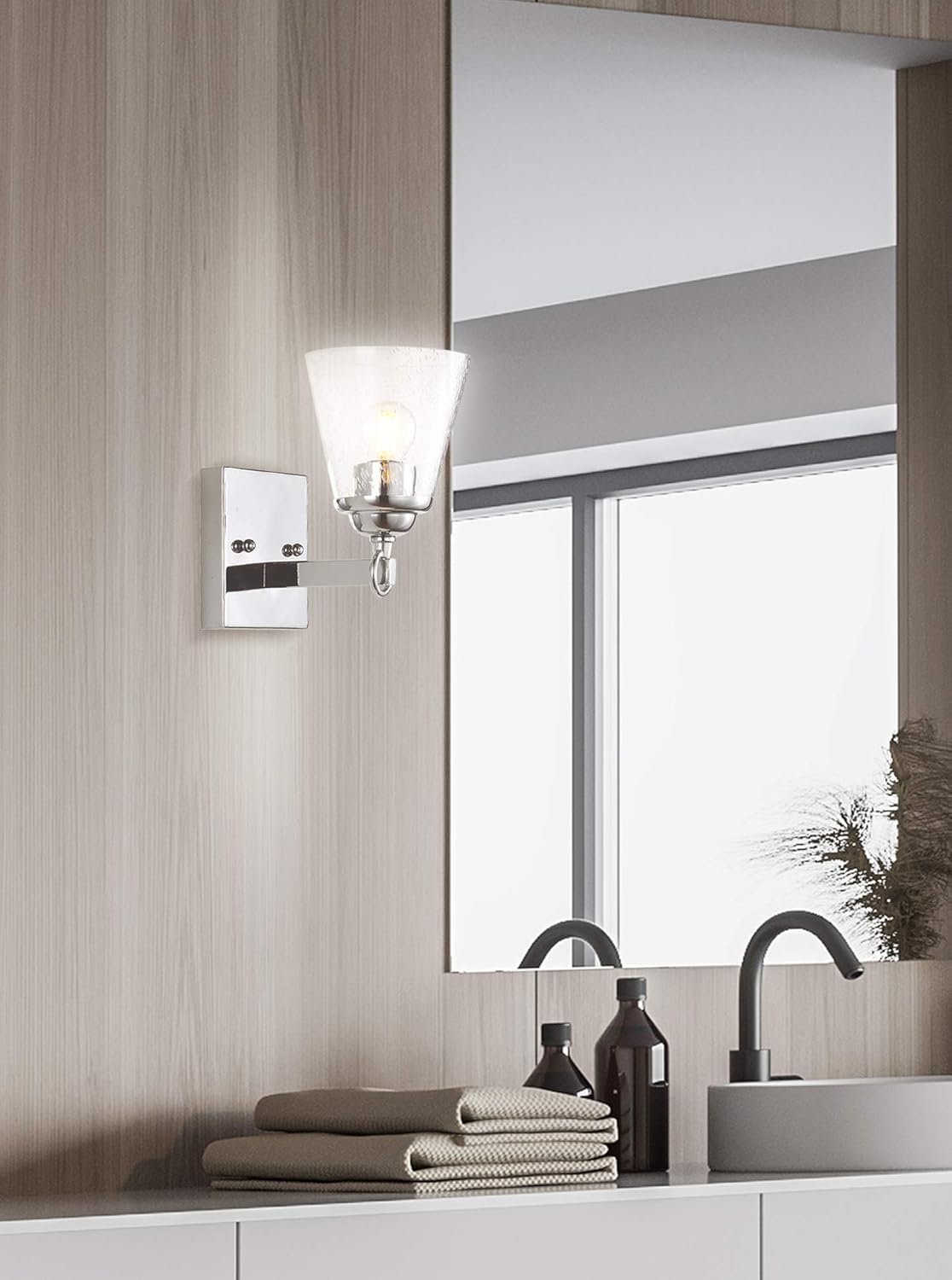 JONATHAN Y 5" Chrome Marion 1-Light Vanity Light Wall Sconce for Bathroom Decor, Clear Seeded Glass Shade, Reversible Hardwired Lamp for Mirror Hallway, LED Bulb JYL7432A