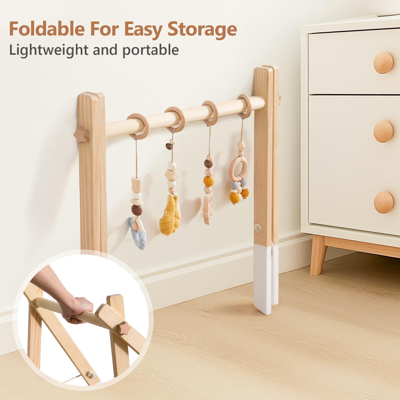 Drewniany łuk do zabawy dla niemowląt Baby Gym z drewna Łuk do zabawy dla niemowląt Zabawka dla noworodków Łuk do zabawy Activity Center dla niemowląt Żółty design z wisiorkami Zdejmowany