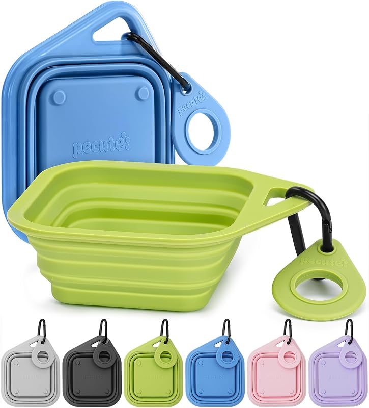 Tigela Dobrável para Cães Pecute em Silicone de Grau Alimentício Azul e Verde, Pacote com 2