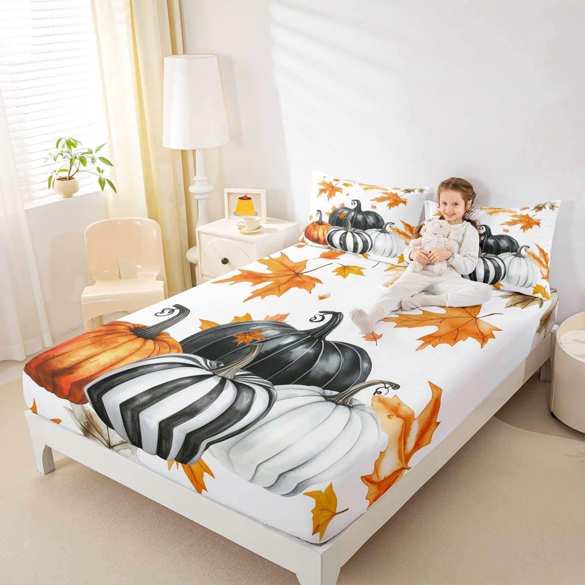 Autumn Fitted Sheet Twin Size Happy Fall Harvest Season Bedding Thanksgiving Days Gifts Boys Girls Vintage Rustic Farmhouse Maple Leaves Fitted Bed Sheet Kids Teens Retro Buffalo Plaid Decor