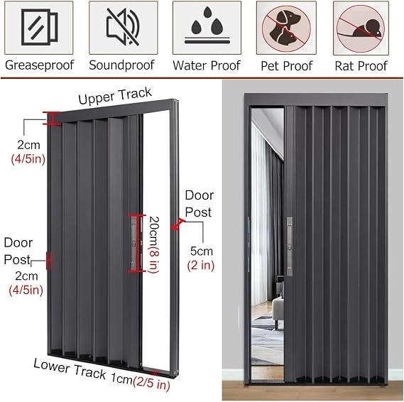 Blcak Folding Accordion Doors Room Dividers Aluminum, Large Interior Sliding Door for Doorway, Bathroom Shower, Basement and Small Space, Accordion Exterior Patio Door(WxH 25x80in(63.5x203cm))