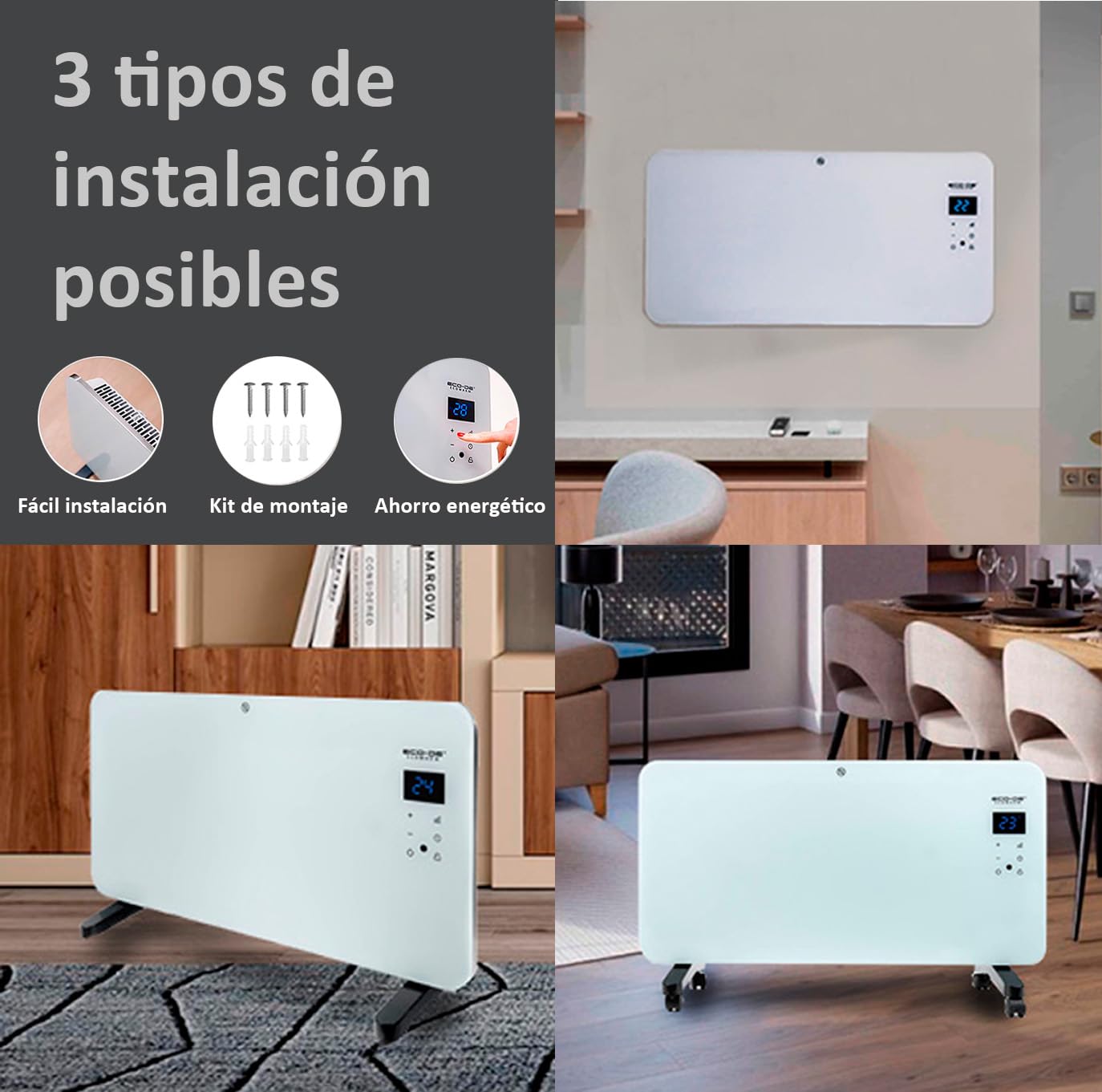ECODE® Radiador electrico 1500W de Cristal | Silencioso y Programable | Control por Wifi | Uso con Ruedas, Patas o Pared | Temporizador | 2 Potencias | Apto para Baños (IP24) | Pantalla Táctil |